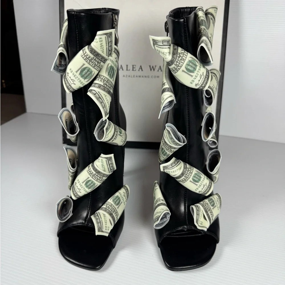 Azalea Wang Dinero Black Money Heels Multi Sizes Dollar Bill Statement Boot NWT - Picture 5 of 8